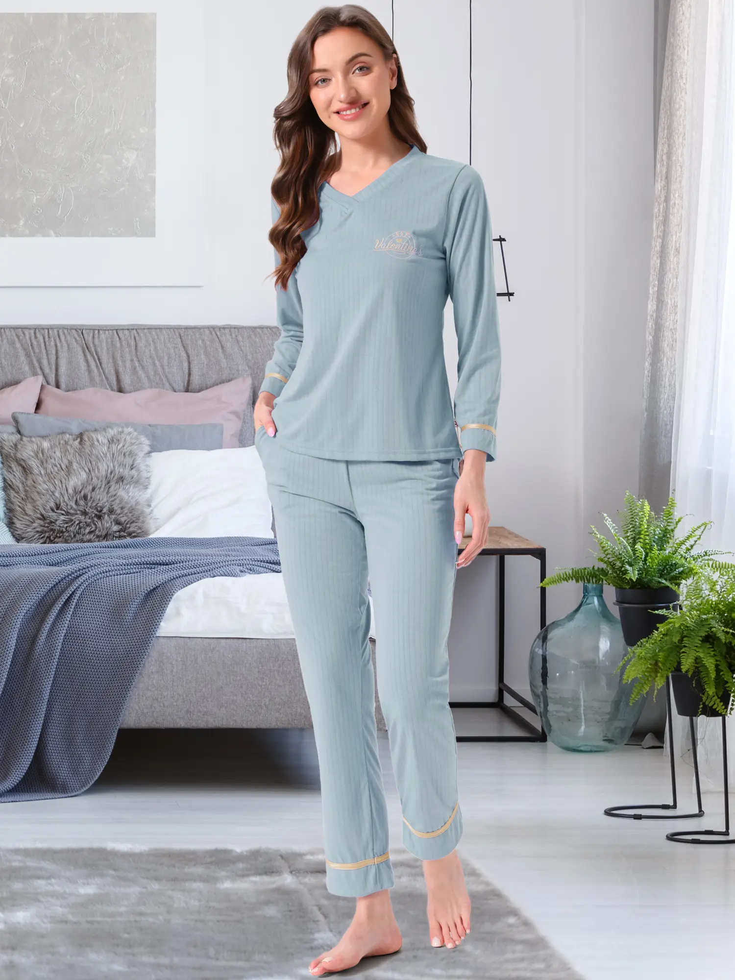 INSPIRE CHIC Women's Cotton Pajamas Ribbed Sleepwear Pullover Tops with Pants with Pockets Loungewear Sets