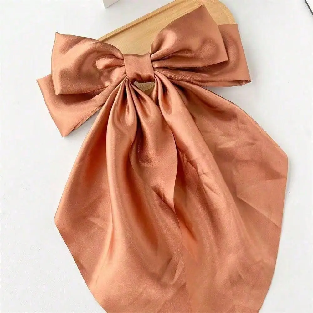1pc Elegant Satin Ponytail Bow - Large Khaki Brown Ribbon with Flowing Tails, Secure Metal Grip | Sophisticated Hair Accessory for Wedding, Formal Events