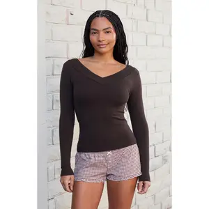John Galt Women's Brown V-Neck Long Sleeve Top