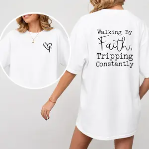 Walking By Faith Tripping Constantly Quote Graphic T Shirt With Heart Cross Detail