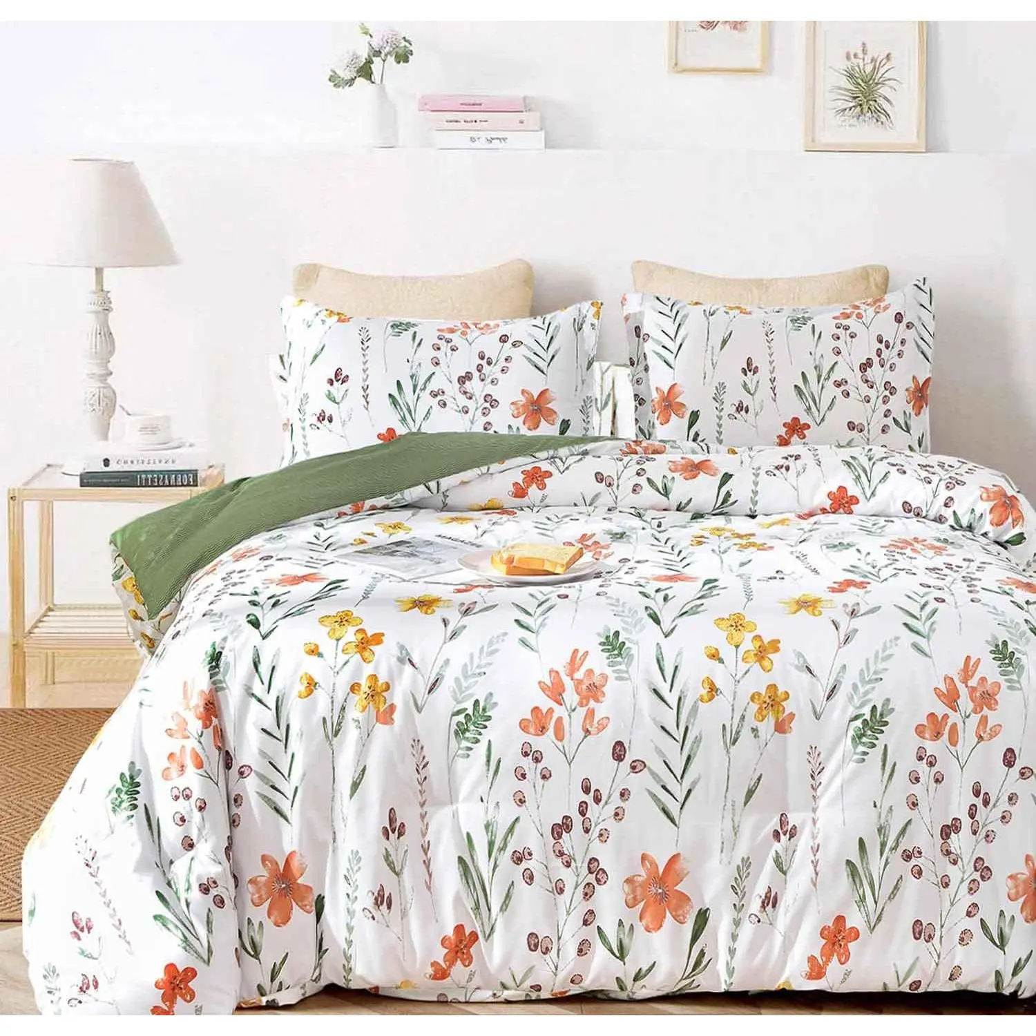 Floral Duvet Cover  Size - White Yellow  And Green Leaf Spring Botanical Printed Microfiber Comforter Cover Set - 3 count 90X90 Soft and Lightweight Quilt Cover,  Style for Women men