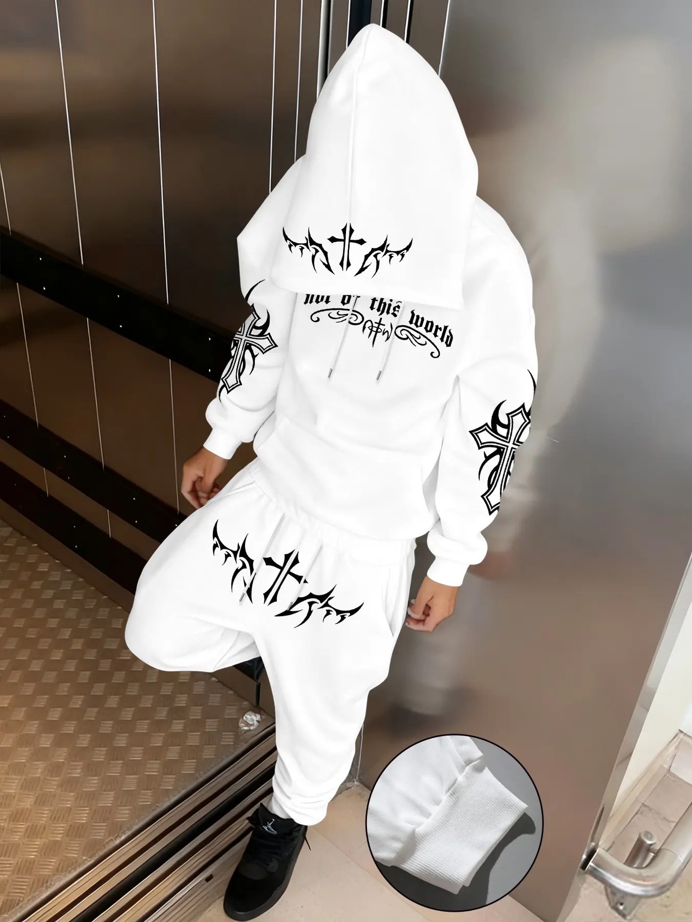 Men's Fall Winter Cross Thorn Print Hoodie Set, Hooded Sweatshirt & Elastic Drawstring Pants, Casual Fitted Design, Comfortable Fit