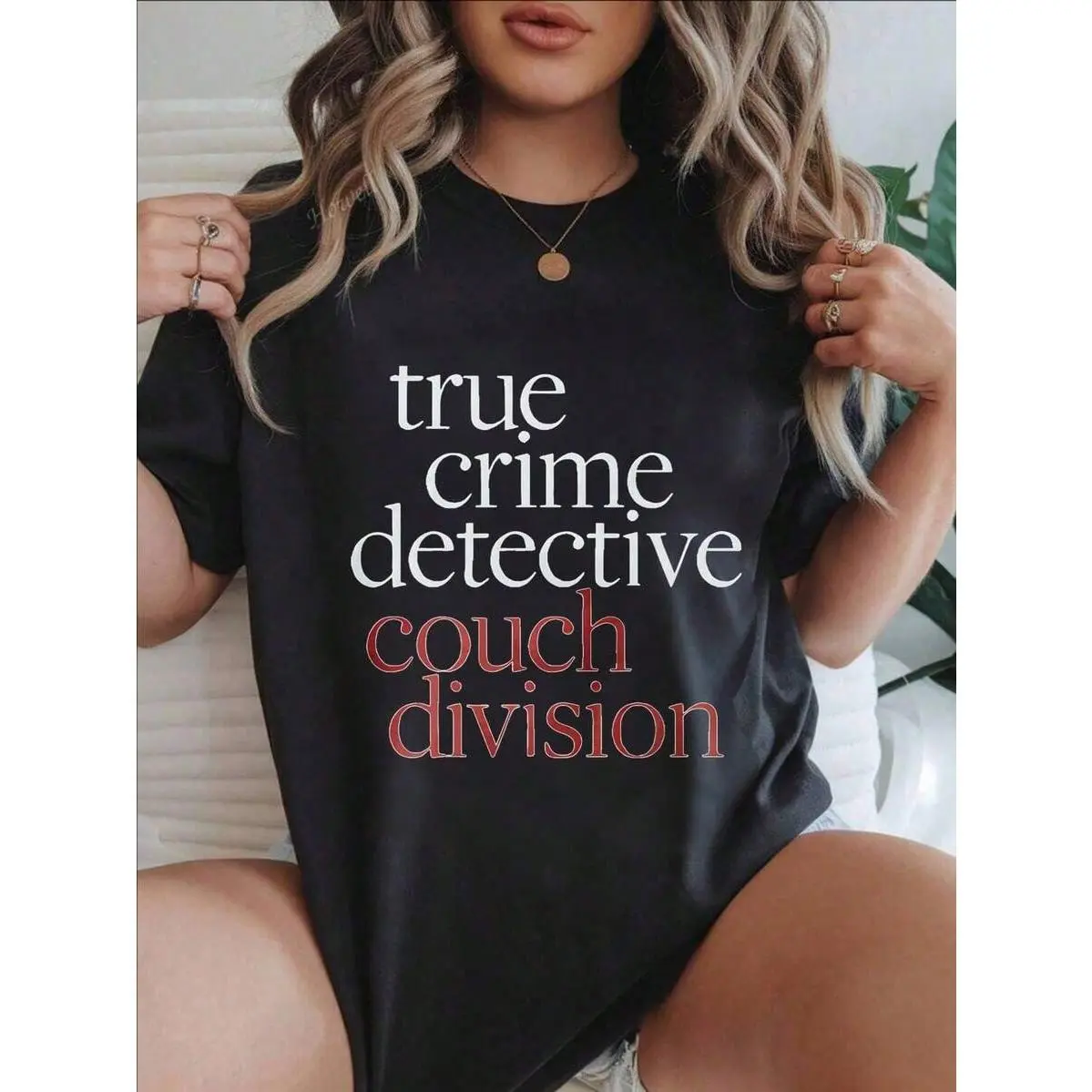 “True Crime Detective” Women‘s Graphic T-Shirt | Casual Print Tee | 100% Cotton Round Neck Short Sleeve | Black