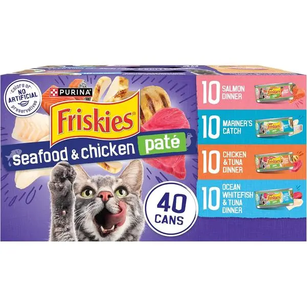 Purina Friskies Pate Wet Cat Food Variety Pack Seafood and Chicken Pate Favorites 40ct VP - (Pack of 40) 5.5 oz. Cans