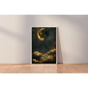 Vintage Oil Painting, Dark Cottagecore Decor, Antique Celestial Moon Art, Living Room Decor, Moody Wall Art, Vintage Landscape Art Print