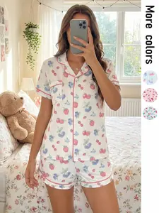 Women's Cute Summer Berry Print Pajama Set, Short Sleeve Shorts, Fitted Casual, Soft Comfortable Home Wear, Button Front