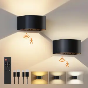 ISUNMEA 2 Pack Motion Sensor Wall Light with Remote Control Wireless Wall Lamp LED Indoor Up and Down Wall Sconce 5000mAh Rechargeable Battery Powered Wall Lamps Brightness Adjustable, Black   Adjustable USB Rechargeable Wall Lamp