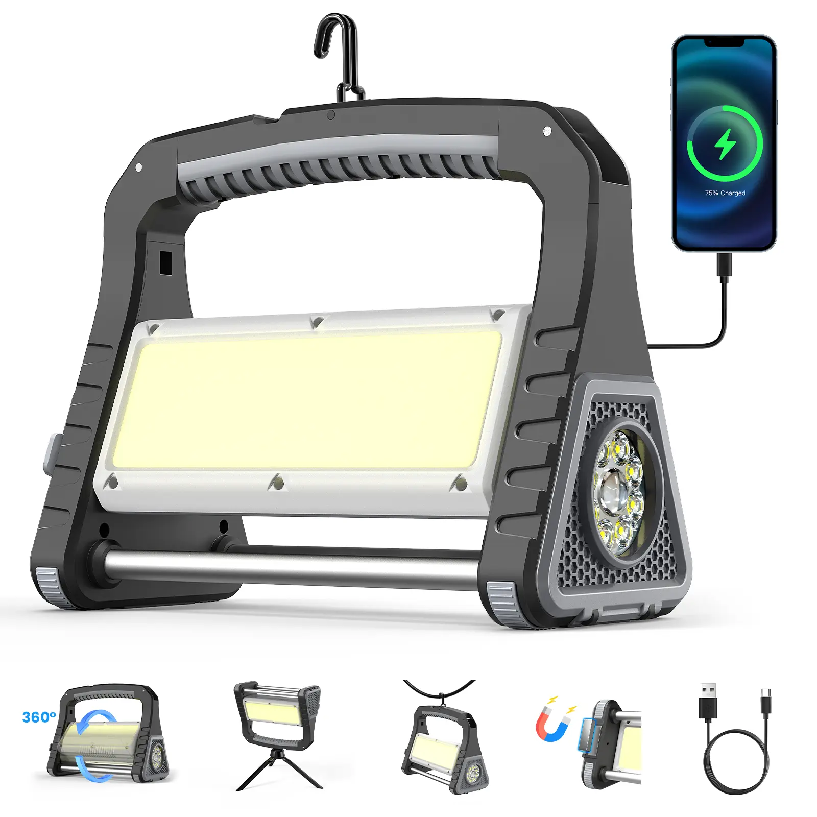 5-in-1 Magnetic Compact Portable Work Light with Magnetic Hook - 1500LM COB+LED Combo, Fast-Charging Power Bank, 4H Runtime, Workshop/Campfire Use, Portable Rechargeable Mini Job Site Lighting, Rechargeable Compact Job Site Lighting for Home Improvement