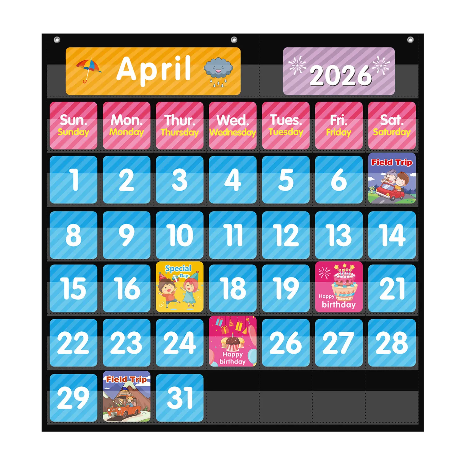 44/49 Pocket Calendar Pocket Chart, Black Monthly & Weather Organizer with Cards, Classroom Student Home School Storage Rack Display