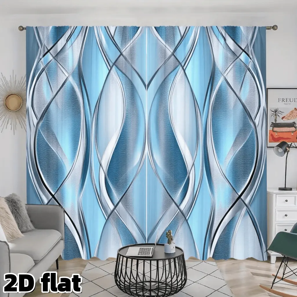 2D Flat 2Pcs Modern Geometric Wave Pattern Curtains Rod Pocket Design Blue Silver Gradient Polyester Semi Sunshade Panels Living Room Bedroom Kitchen Window Treatment Home Decor Privacy Protection Home Decoration Curtain