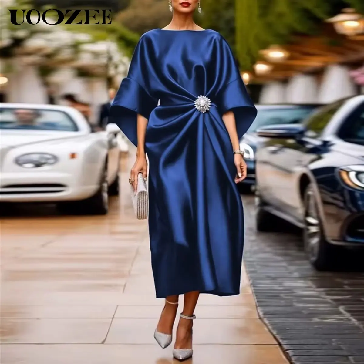 UOOZEE Women's Stylish Casual Maxi Dress, Solid Polyester Pleated Gown with an Asymmetric Hem and 3/4 Batwing Sleeves, Lady, Basic, Scoop Neck, 3/4 Sleeve, Breathable