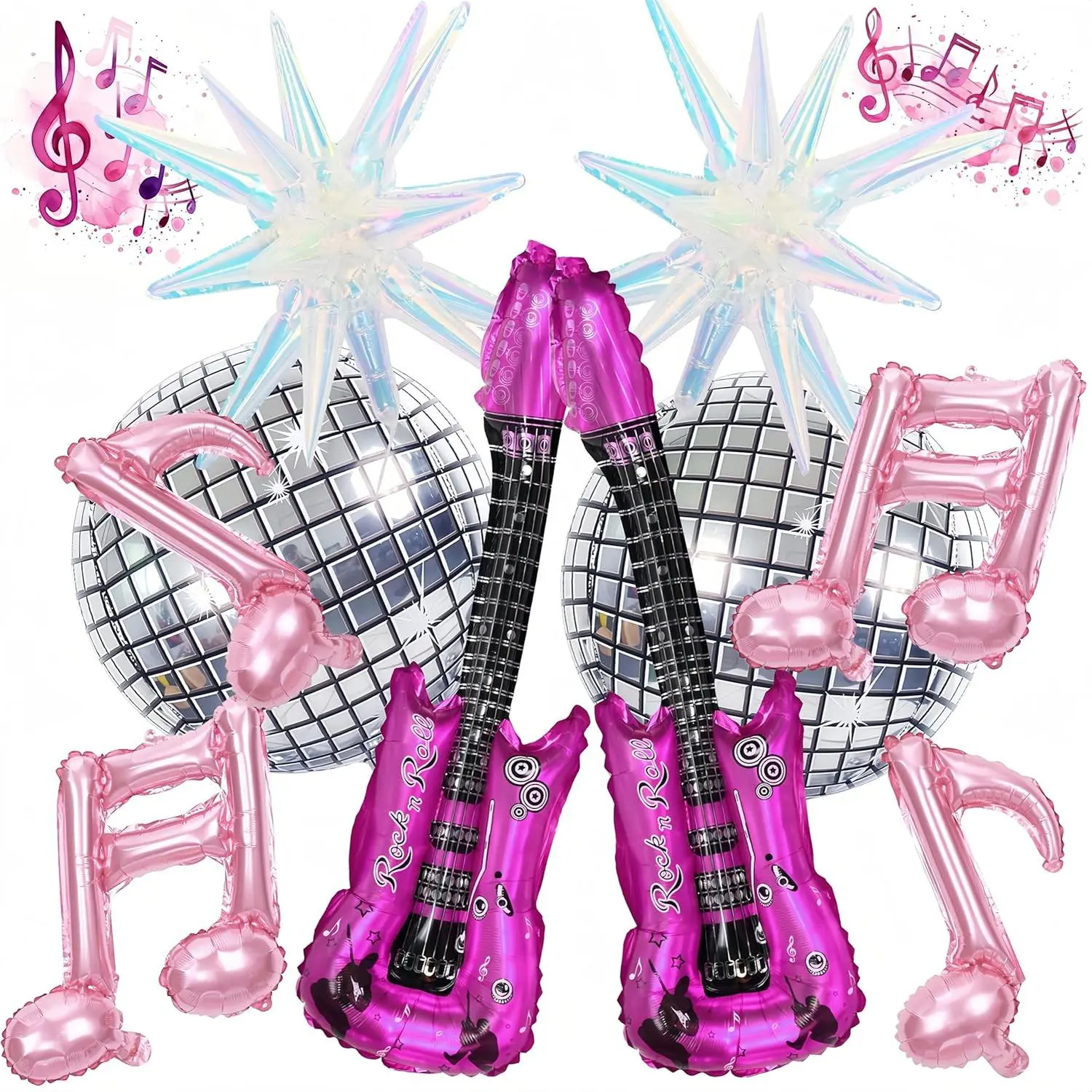 10pcs Music Party Foil Balloons Set for Kpop Party Decorations, Guitar Balloons Disco Ball Pink Musical Notes & Iridescent Explosion Star for Neon Rock Pop Disco Birthday Concert Dance Party Decor