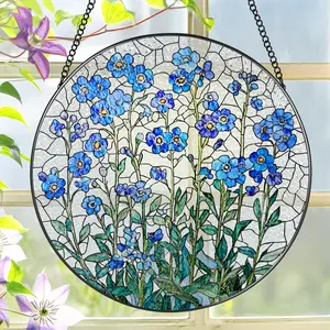 8 Inch Stained Glass Window Hanging Forget Me Not Flower Suncatcher for Plant Lovers Women Couples Best Friend Family Colleague Classmate Window Decor