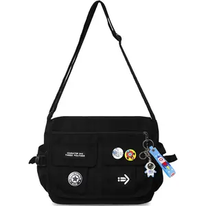 Fashion Crossbody Bag with Cute Accessories Nylon Casual Messenger Bag with Pendant Lightweight Handbag Travel Daypacks (Black)