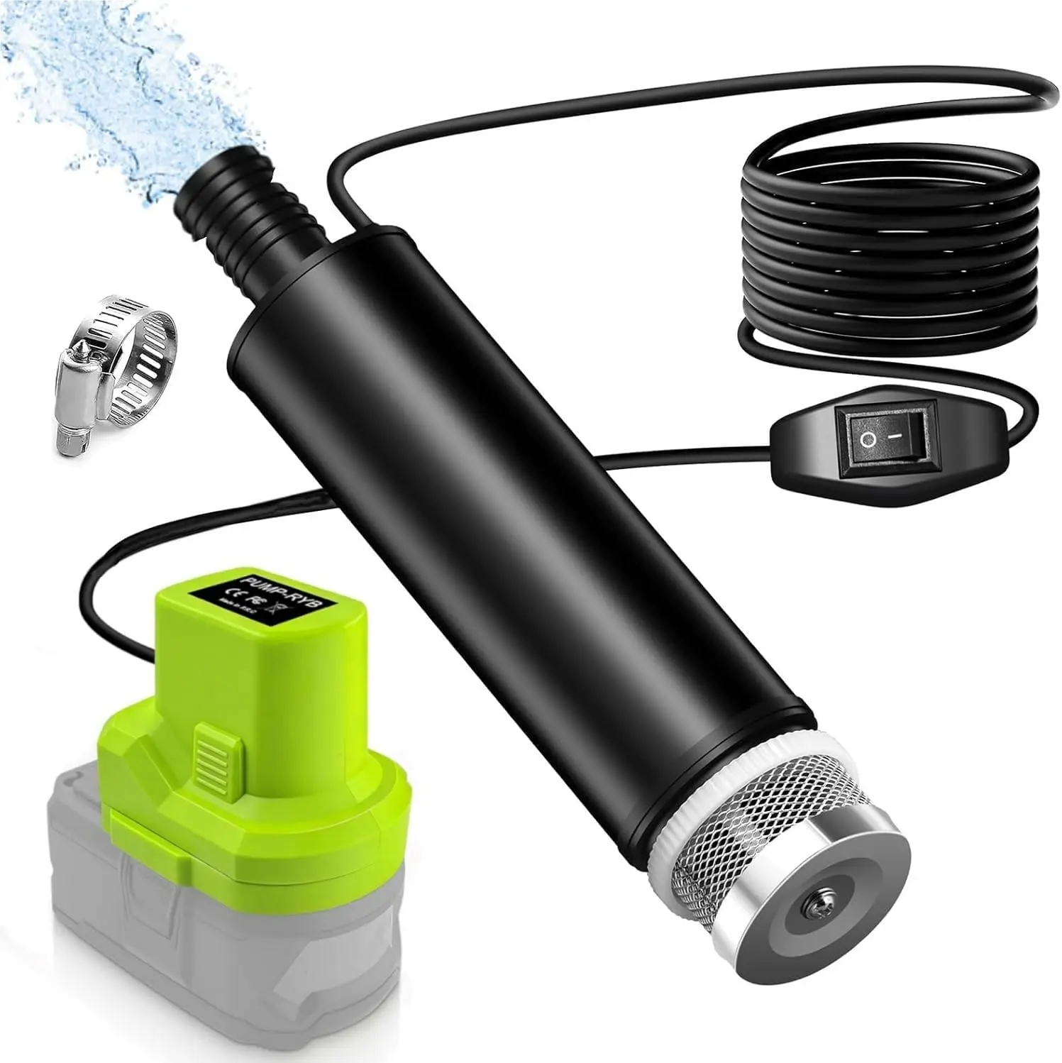 Cordless Submersible Water Pump for Ryobi 18V Battery - 635GPH, 100W Bare Tool with Hose Clamp, Silent Operation, 10ft Lift for Drainage Jobs, Tub & Garden Use
