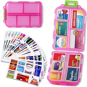 Pill Organizer with Medicine Labels Travel Daily Pill Container ,Mini Medication Organizer Storage Pill Organizer Pill Case (Pink, Pill Box with Stickers)