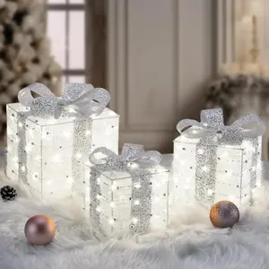 Christmas Lighted Gift Boxes, 140 LEDs Light Up Presents Christmas Decoration, 8 Modes & Timer Function Plug-in Lighted Boxes, Set of 3 Xmas Decor for Holiday Party Indoor Outdoor, Metal