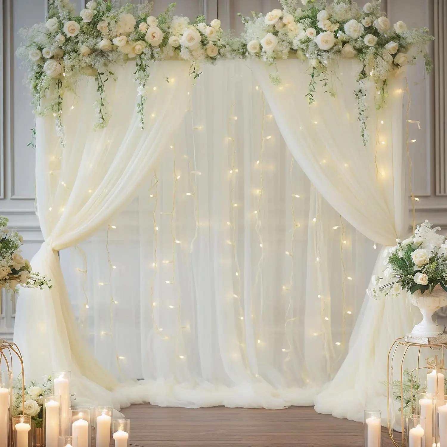 Fairy Tulle Fabric Photoshoot Backdrop Set, 20x8ft Synthetic Sheer Drapes with String Lights, 5.5in Circumference Rod Pocket Top for Wedding, Party Decor, Lightweight