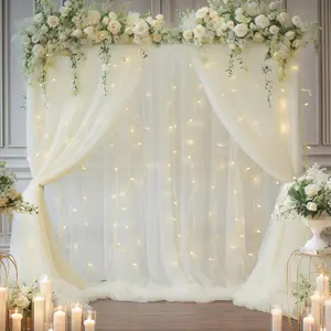 20x8ft  Tulle Curtain Backdrop with Lights String for Parites, Sheer Backdrop Curtain Drapes for Wedding Photo  Shower Photography Birthday Party