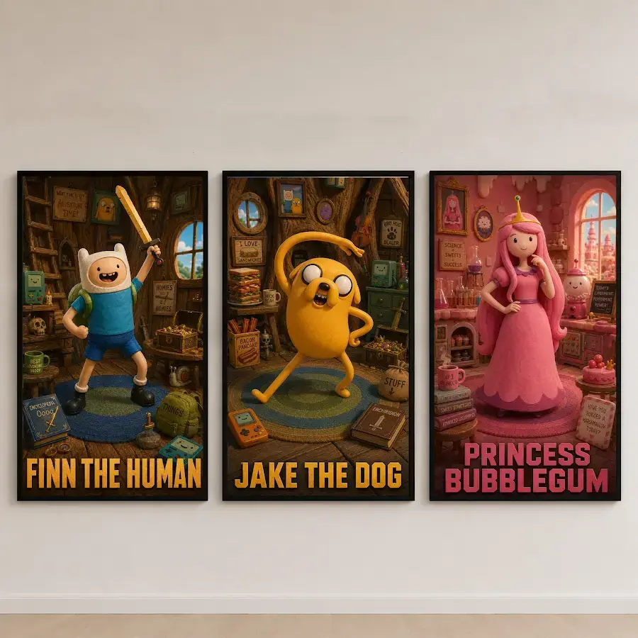 Adventure Time Finn & Jake 3 Piece Wall Art Set, Cartoon Network Nostalgia Room Decor, 3 Panel Fantasy Poster Prints