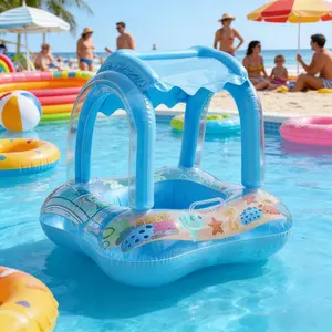 Ocean Themed Shaded Inflatable Pool Float, Cute Marine Life Print, Sun Protection Canopy, Thickened PVC, Fun Float for Summer Water Play