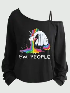 Plus Size Women's Loose-Fit Long Sleeve Cami Top, Asymmetrical Neckline, Letter Print, All Seasons, Sizes 1-8xl