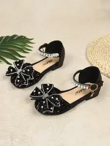 Fashion Princess Shoes for Girls, Summer Bow Design, Closed Toe with Rhinestone Decor, Perfect for Outdoor Parties and Events, Party Shoes