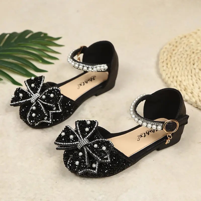 Fashion Princess Shoes for Girls, Summer Bow Design, Closed Toe with Rhinestone Decor, Perfect for Outdoor Parties and Events