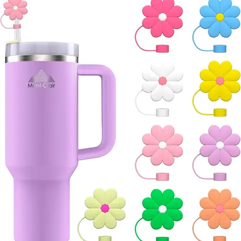 9 Lightweight Round Washable Silicone Straw Toppers & Spill-Proof Spout Lid Set - Lid and Straw Tumbler Accessories for 30-40oz Reusable Cups/Bottles, Adults’ Work, Walking Use