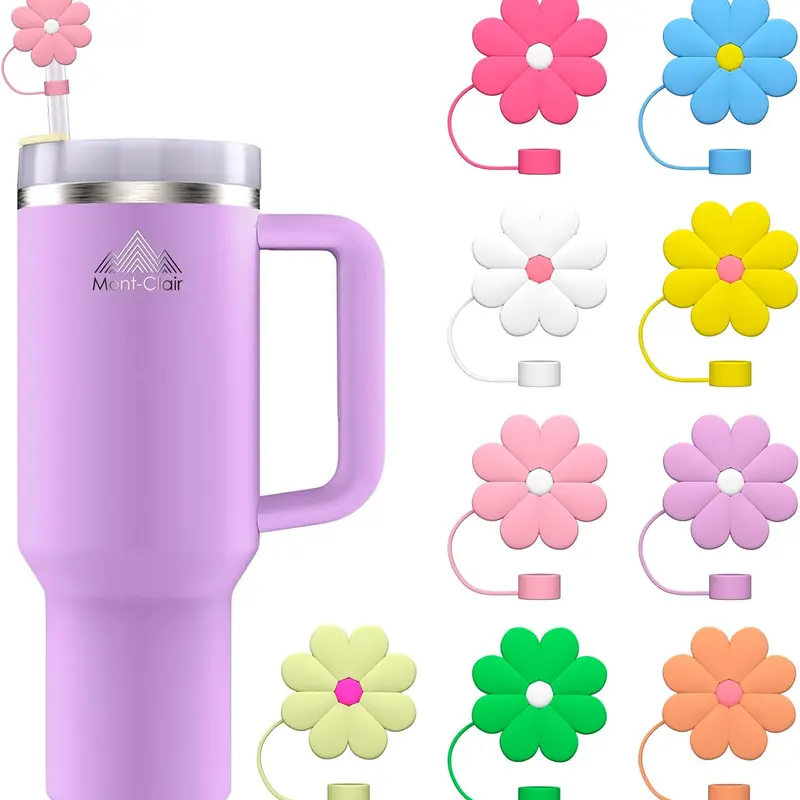 9 Lightweight Round Washable Silicone Straw Toppers & Spill-Proof Spout Lid Set - Lid and Straw Tumbler Accessories for 30-40oz Reusable Cups/Bottles, Adults’ Work, Walking Use