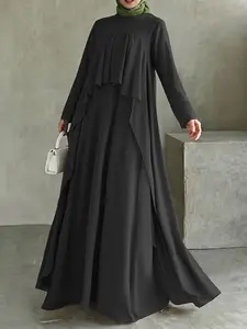 Women's Solid Color Commuter Street Fashion Long Sleeve Ruffle Long Dress, Casual Loose-Fit, Spring & Fall Daily Wear, Modest Dress