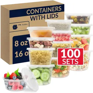 Deli Containers with  (100 Sets Total) | Variety Pack - 8oz (50 pc), 16oz (50 pc) w/ | Plastic Soup Container with Lid | Clear  Storage | Microwave & Freezer Safe