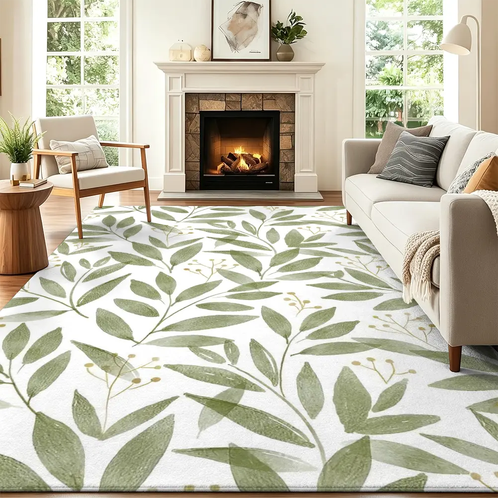 1pc Bold Green leaf Area Rug, Non-Slip & Machine Washable Floor Mat for Living Room, Bedroom & Home Decor, Versatile Multi-Scene Aesthetic Carpet