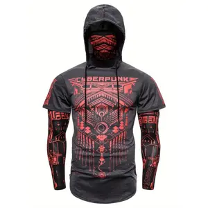 Men'sCyberpunkHoodedShirt-GeometricPrint,StretchPolyester,AttachedFaceMaskFabricMenswear