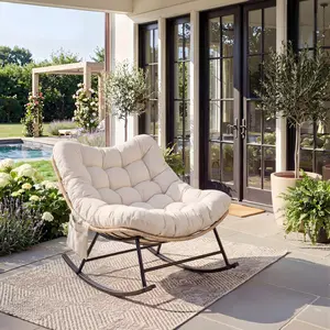 Indoor Outdoor Rocking Chair with Thick Cushion, Heavy Duty Patio Lounge Rocker with Water Resistant Fabric, Weather Resistant Rattan and Reinforced Steel Frame, 450 Lbs Capacity Seating for Porch Garden Living Room