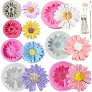 10PCS Daisy & Chrysanthemum Flower Silicone Mold with Large-Eye Wicking Needle & Candlewick, for DIY Resin Candle Soap Concrete Casting Polymer Clay Cupcake Topper Candy Craft