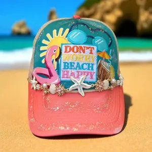 Salmon Teal and Tan Don't Worry Beach Happy Trucker Hat with Flamingo Design and Seashell Accents