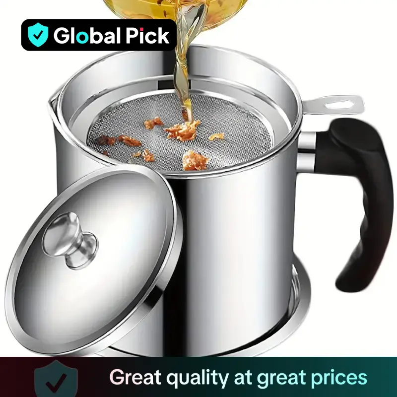 Stainless Steel Oil Pot with Filter, Kitchen Oil Dispenser with Tray & Lid, Bacon Grease Container, Cooking Food Oil Can, Kitchen Accessories, Kitchen
