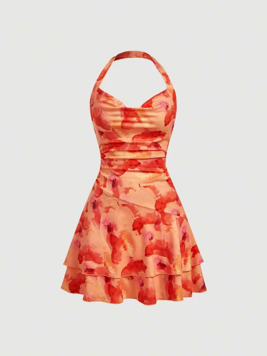 Women's Orange Red Vibrant Floral Print Halter Mini Dress,Summer Girly Backless Ruffles Elegant Holiday Vacation Retro Resort Casual Dinner Dresses