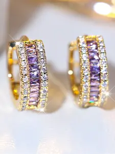 A pair of electroplated faux gold synthetic purple zirconia hollowed-out ring ear buckles are fashionable and simple, suitable for women and perfect as gifts