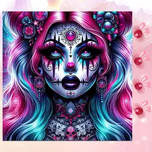 5D DIY Full Drill Round Diamond Painting - Diamond Art Painting Kit with Colorful Hair, Skull Pattern, Flower Decoration Mosaic, Canvas - DIY Wall Decor, Home Wall Decoration, Suitable for Halloween, Christmas, Birthday, and Anniversary Gifts.