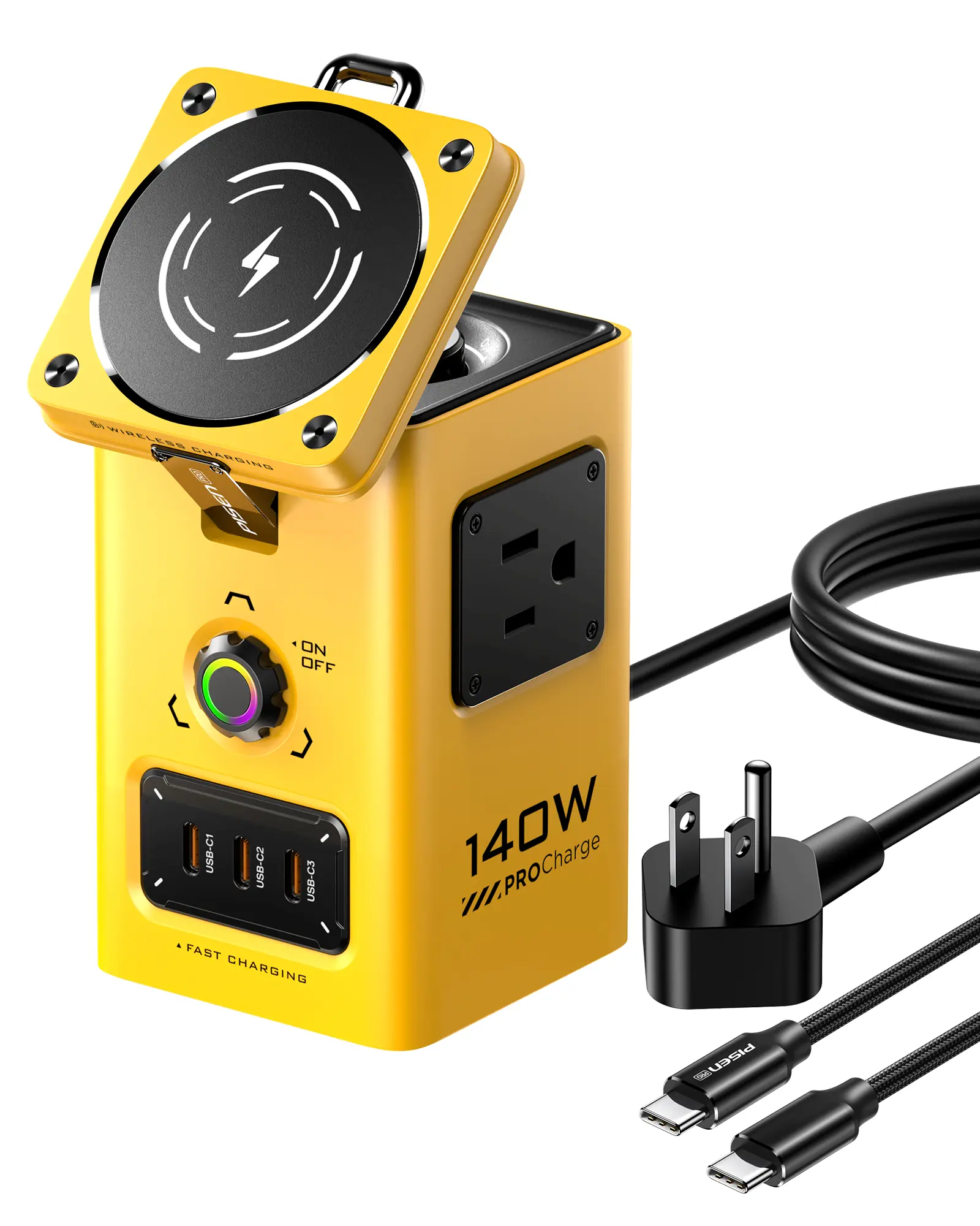 PISEN 140W Mega Charging Hub New Omni Desktop Charge Style Yellow Charger Electronic Magnetic Wireless Adjustable Alloy Led Port