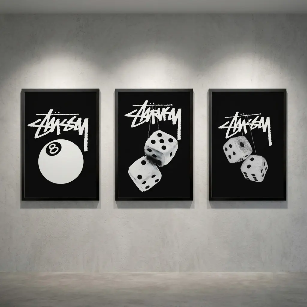 Vintage 8 Ball Dice Poster Set Canvas Wall Art Hypebeast Room Decor, Aesthetic Streetwear Painting for Bedroom, Eco-Friendly High Quality Print, Optional Black Frame, Gallery Canvas Wrap or Unframed Poster