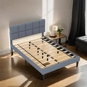 [Summer Break Sale] Ebello Full and Queen Size Upholstered Bed Wood Frame with Linen Headboard, Grey alaskankingsizedbed