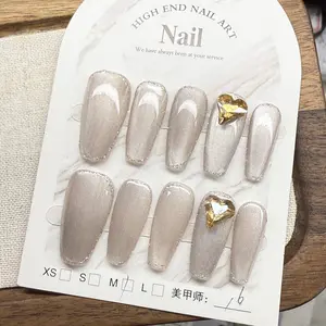 Light Luxury Premium Nails! Nude Pink Cat Eye Exquisite Hand-Painted French Tip Heart Diamond Press On Fake Nails, Minimalist Luxury, Understated Glam For Working Girls