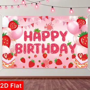 Strawberry Birthday Banner, Happy Birthday Party Decoration, Colorful Background, Indoor Outdoor Use, No Power Needed