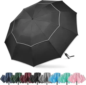 54/62 Inch Windproof Inverted Umbrella with Reflective Stripe Large Compact Reverse Golf Umbrella for Rain 10 Ribs Double Canopy Travel Umbrella Automatic Open Close