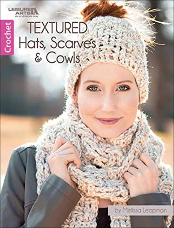 Used Crochet Book - Textured Hats, Scarves & Cowls: Make 4 Cozy Sets (Basketweave, Cables and Ribs Designs, Easy Skill Level, Leisure Arts) by Melissa Leapman (English Paperback), Includes Row By Row Project Instructions