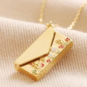 Openable Envelope Photo Necklace 18K Gold Plated Floral Love Letter Locket with Custom Name Engraving Gift for Mom or Her Elegant Design Photo Holder