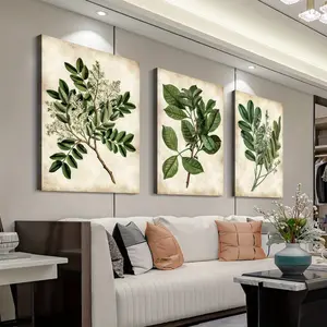 2Dflat 3pcs Wooden Framed Canvas Poster Botanical Art Green Leaves Vintage Book Creative Waterproof Wall Decor for Bedroom Office Living Room Cafe Bar Home Dormitory Gift Hanging 8"x12" 12"x16" 16"x24"